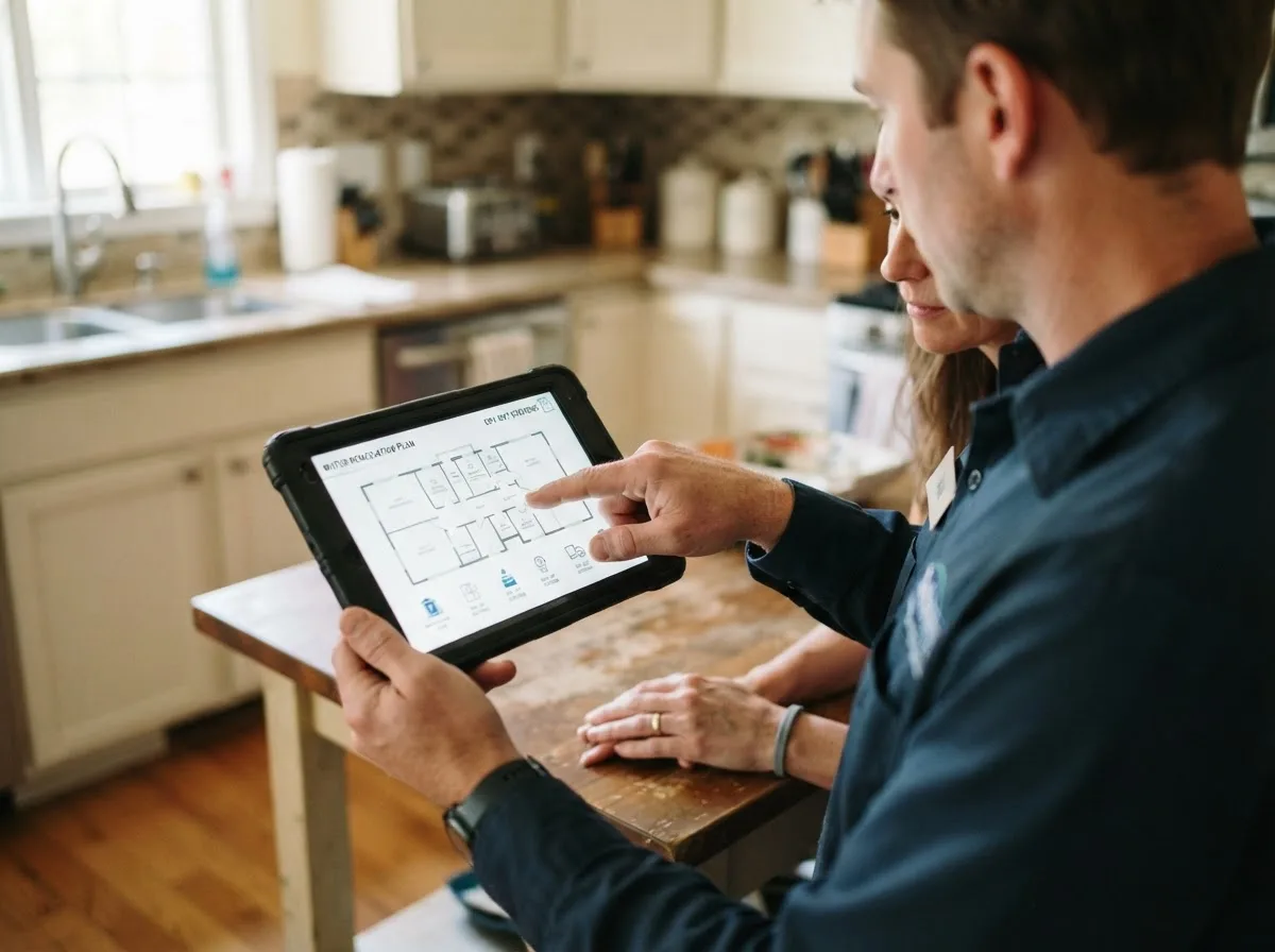 Water damage restoration technician inspecting a home in Trafford, PA